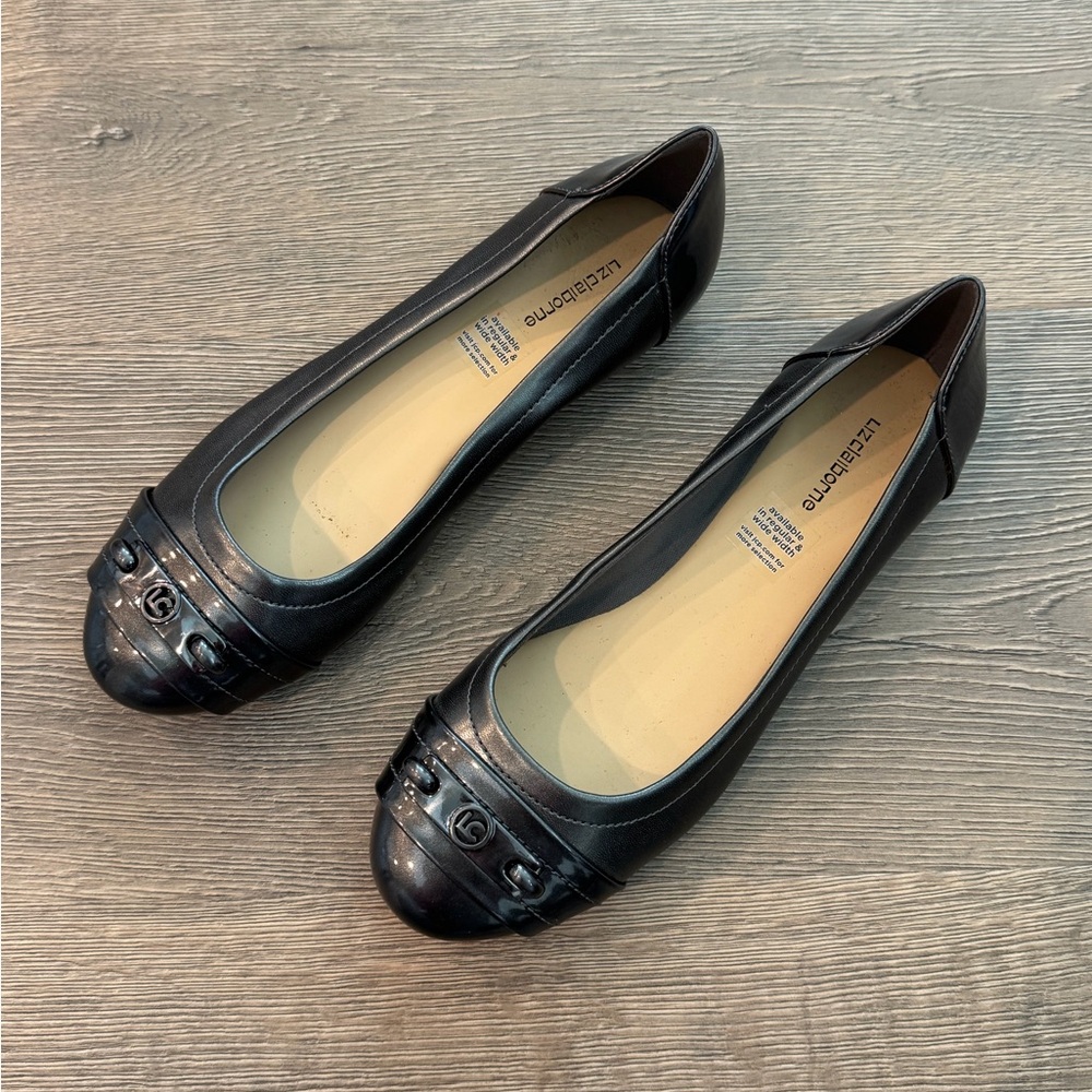 Liz Claiborne Grey Pewter Patent Leather Flats Dress Slip On Shoes Professional